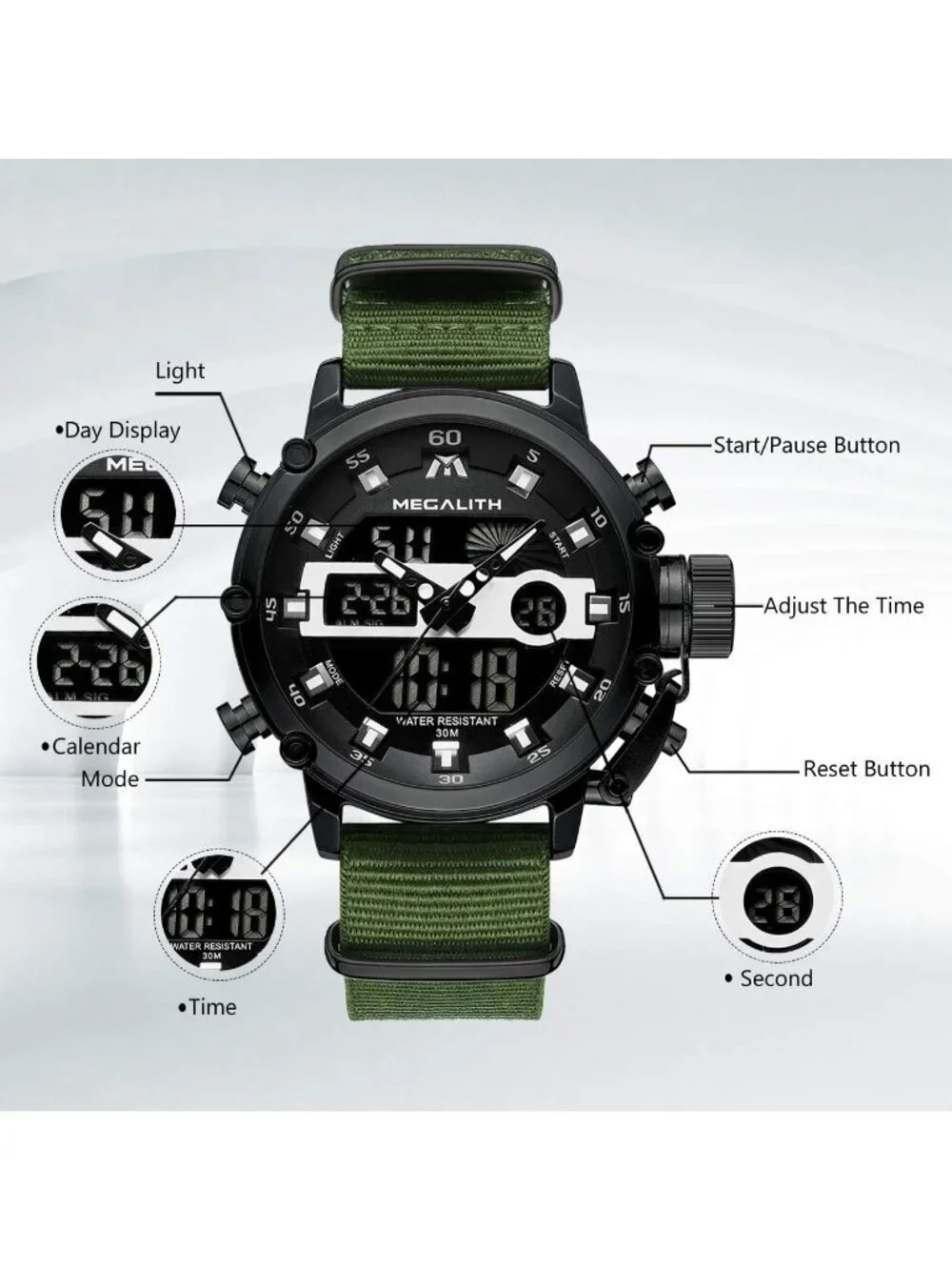Men's Green And Black Analog Nylon Strap Waterproof Multifunction Digital Watch